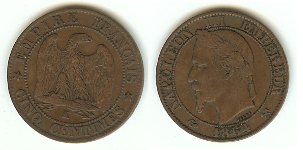 Cinq centimes Napoléon III, tête laurée 1864 Bordeaux TTB- à TTB